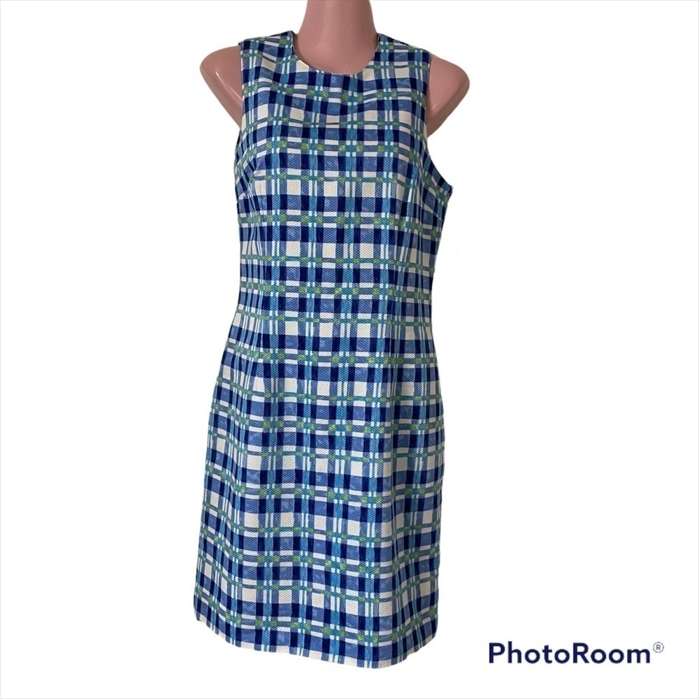 Vtg Kenar Women's Dress Size 8 Sheath Plaid Blue White Green NEW